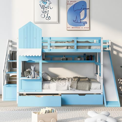 Kids Bunk Bed with Stairs and Slide, Twin Over Twin, Gray O540