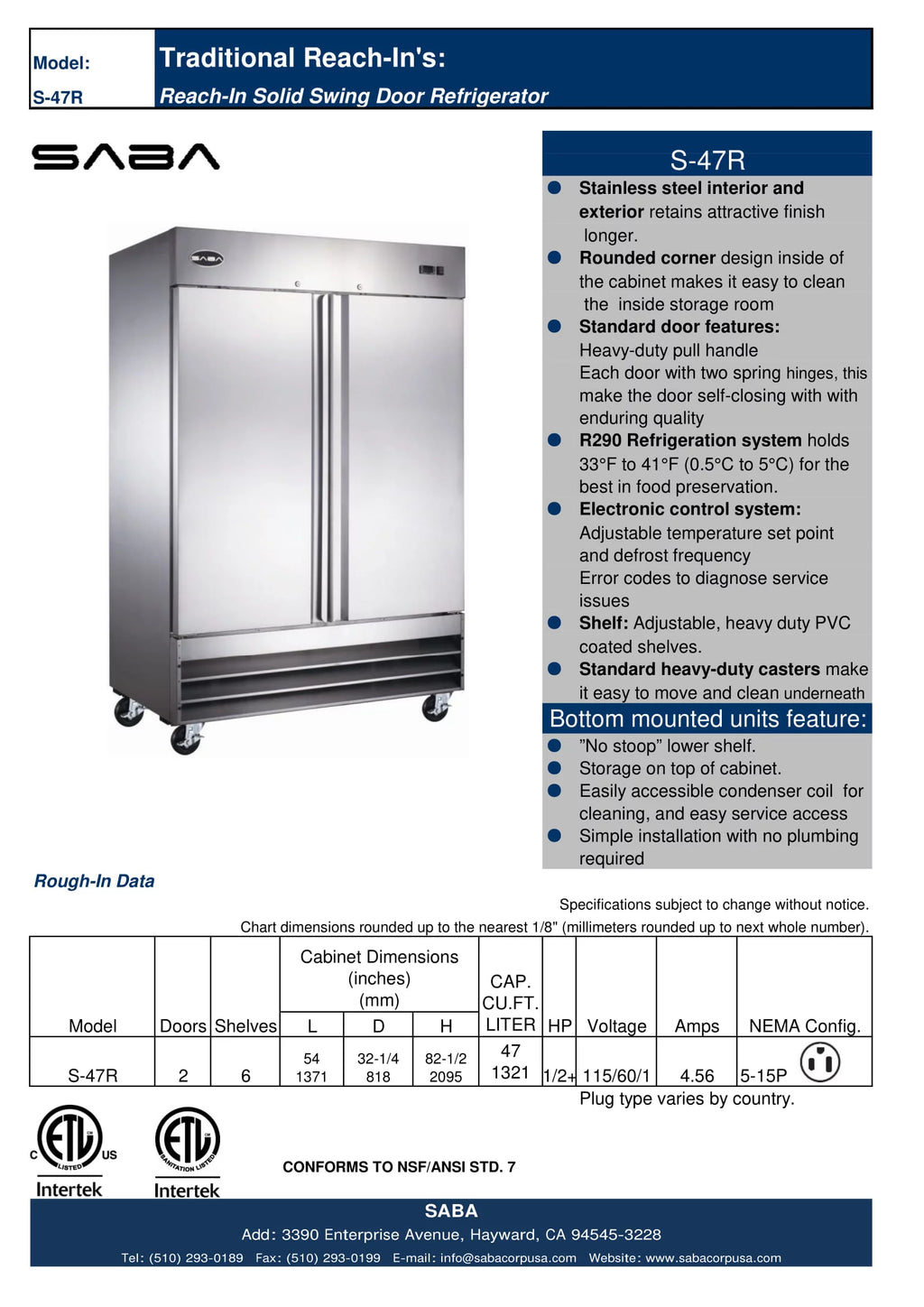 Commercial 47 cu ft Stainless Steel Reach-In Refrigerator, 2 Door Z690887