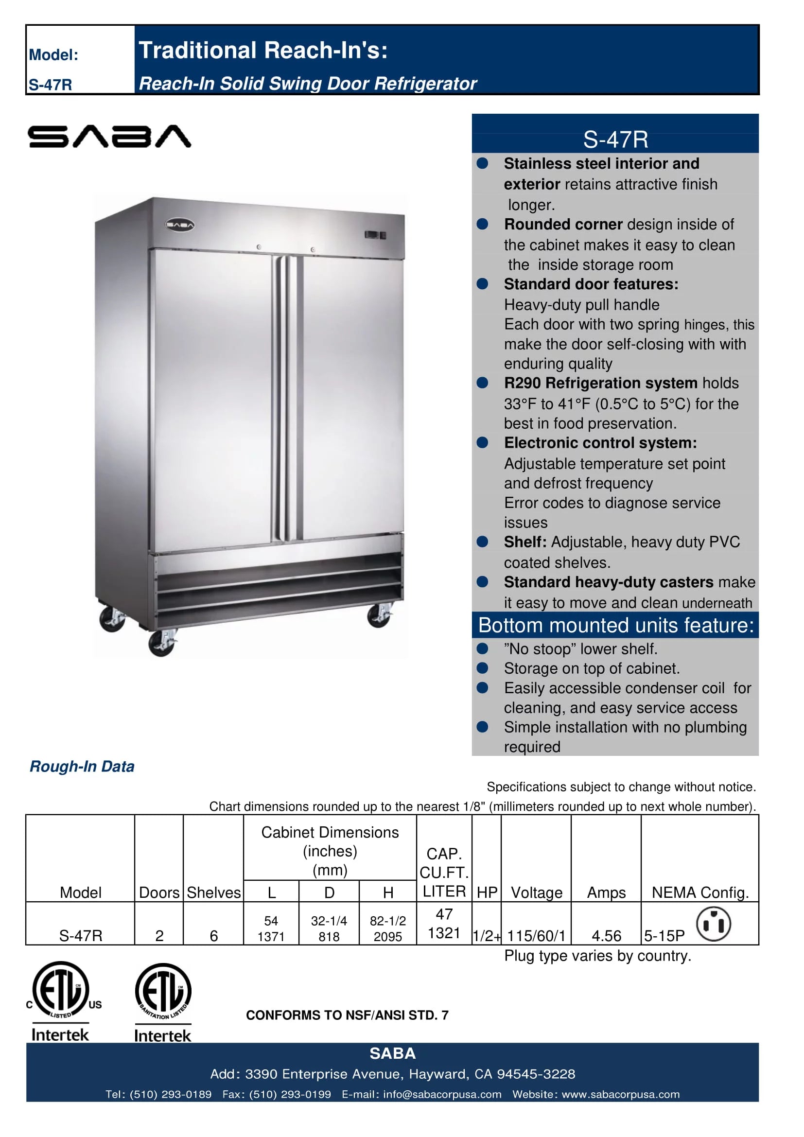 Commercial 47 cu ft Stainless Steel Reach-In Refrigerator, 2 Door Z690887