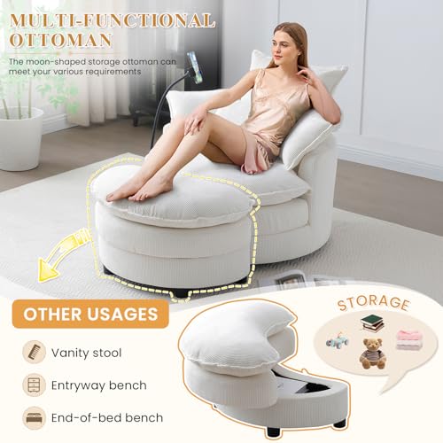 Swivel Barrel Accent Sofa Chair with Phone Holder & Storage Ottoman, 360 Degree Corduroy, Beige A36232