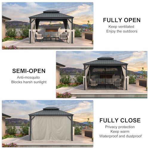 10' x 14' Permanent Hardtop Gazebo with Galvanized Steel Double Roof, Curtains and Netting Included M871