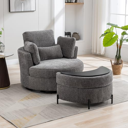 Oversized Swivel Barrel Chair with Ottoman, Chenille, Beige M813