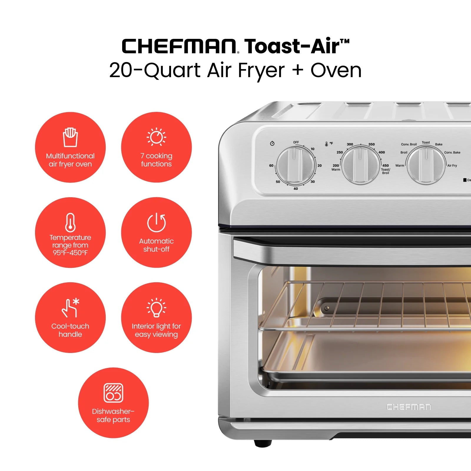 Air Fryer Toaster Oven Combo, 7-in-1 Countertop Convection, 20 Qt, Stainless Steel T387