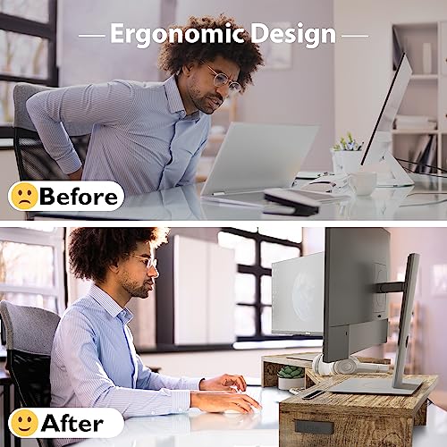 Dual Monitor Stand Riser with Smartphone Holder, Adjustable Wooden Desk Organizer B984