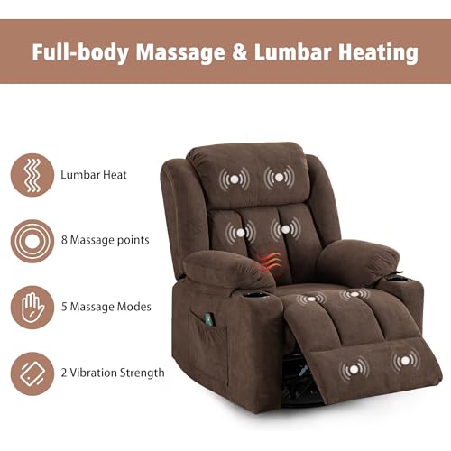 Swivel Recliner Chair with Massage and Heat, Fabric Upholstery, Lime Gray Y550941