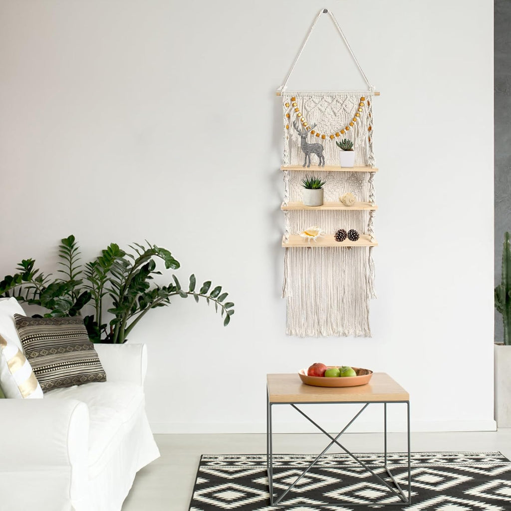 Macrame Wall Hanging Shelf with Wood Plant Rope Storage Q293499