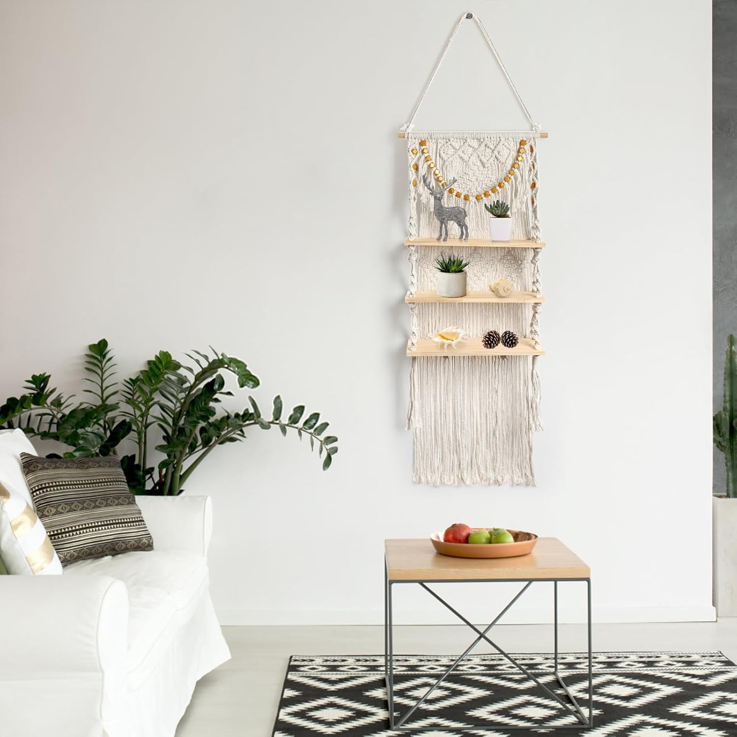 Macrame Wall Hanging Shelf with Wood Plant Rope Storage Q293499