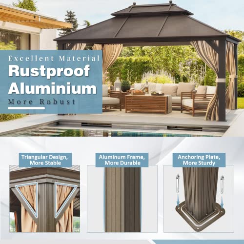 12x16 ft Hardtop Gazebo with Double Roof, Curtains and Netting T94173