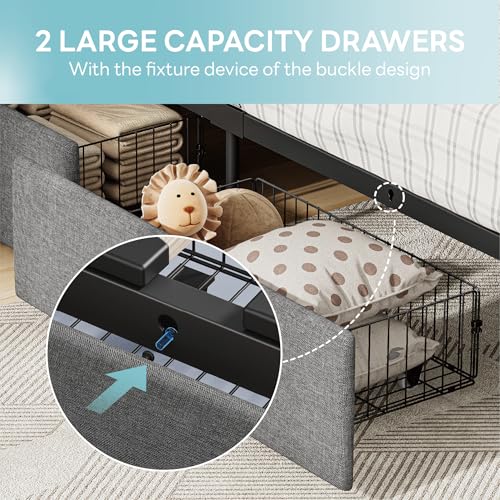 Twin Bed Frame with 2 Storage Drawers, Charging Station and LED Lights, Upholstered Platform Bed with Storage Headboard, No Box Spring Needed M8748