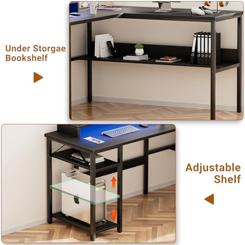 Reversible L Shaped Desk with Power Outlets and LED Light, Corner Computer Desk with Monitor Stand and Storage Shelves, Black A318171