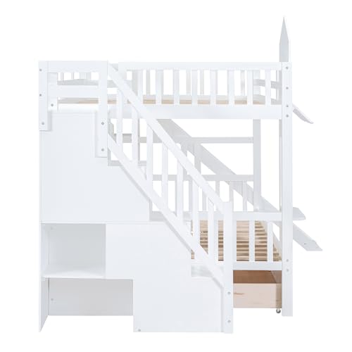 Twin Over Twin Bunk Bed with Stairs and Slide, Solid Wood Frame with Storage B8483