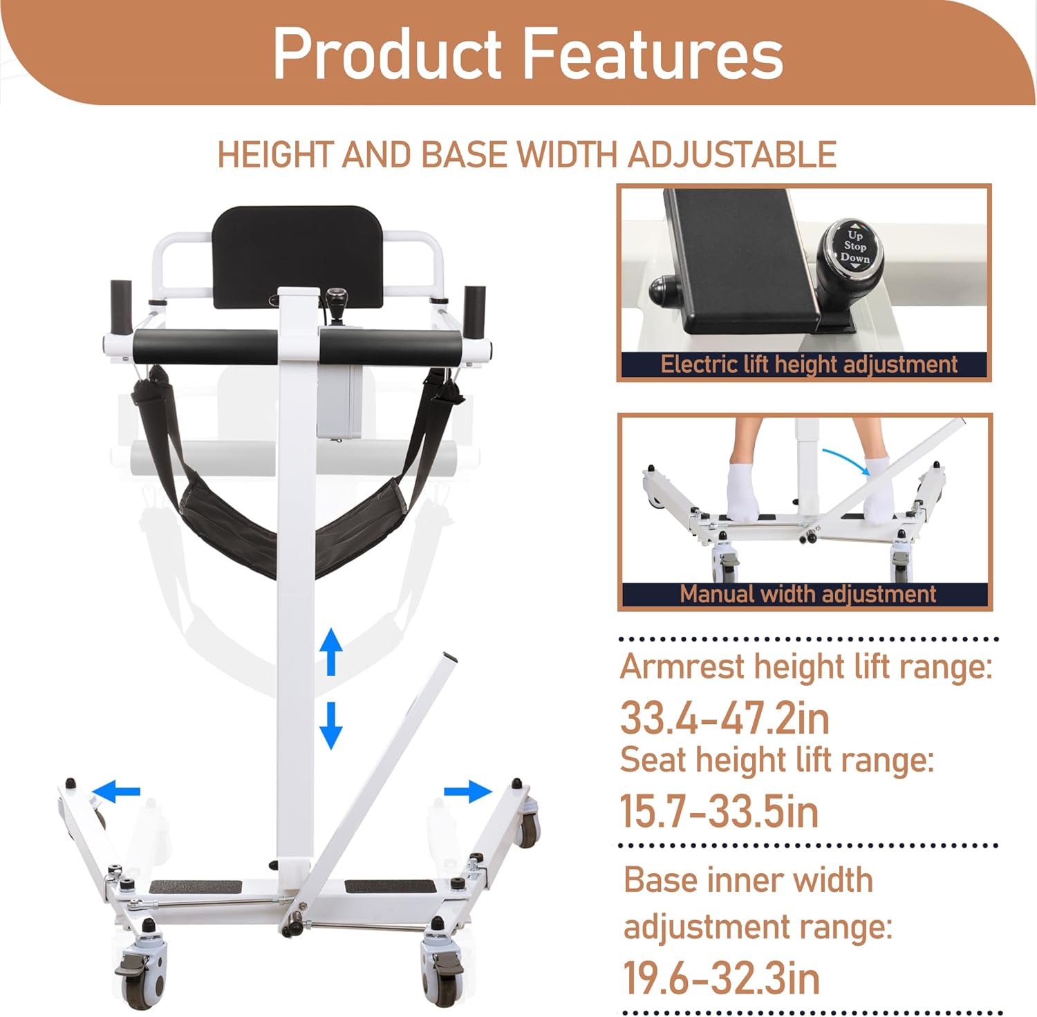 Electric Patient Lift Transfer Chair, Foldable Portable, Bed to Wheelchair, White H74233
