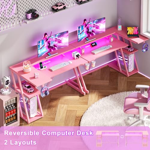 L Shaped Gaming Desk with Power Outlet and LED Lights Y52619