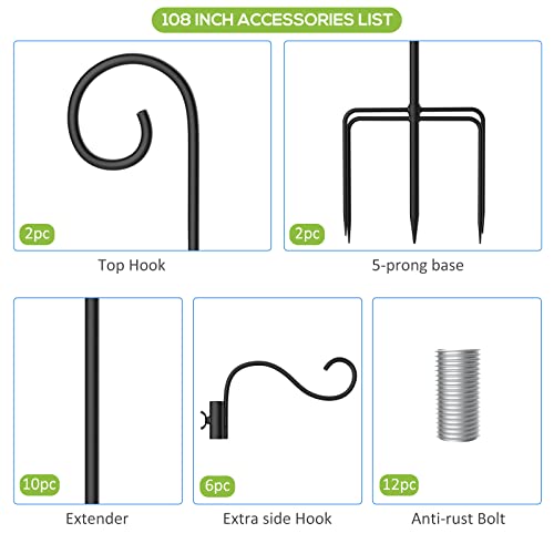76 Inch Shepherds Hooks for Outdoor, 2 Pack with 4 Hooks, Garden Pole for Hanging Plant Baskets A3952