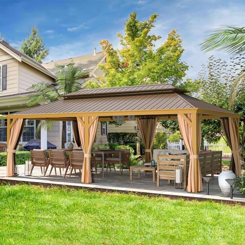 12x16 ft Hardtop Gazebo with Double Roof, Curtains and Netting T94173