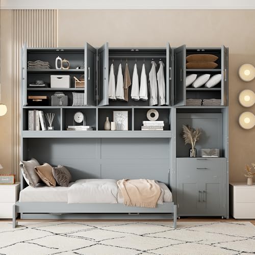 Twin Murphy Bed with Closet, Drawers & Desk, White Q211