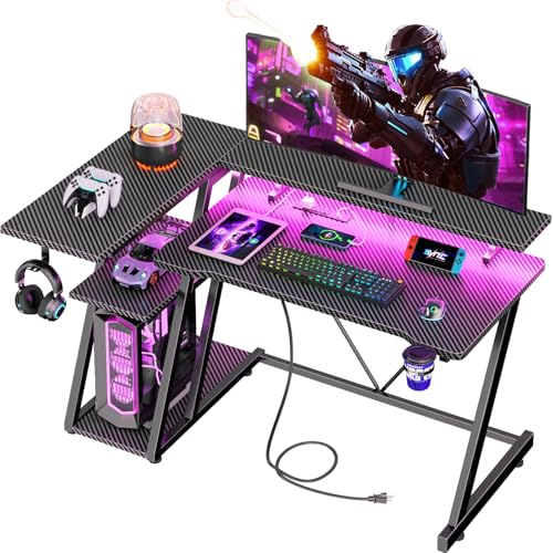 L Shaped Gaming Desk with Power Outlet and LED Lights Y52619