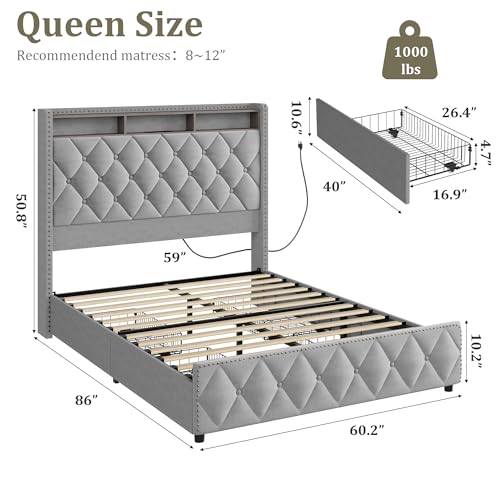 Queen Bed Frame with Tall Headboard, Velvet Upholstered, 4 Storage Drawers Y5950