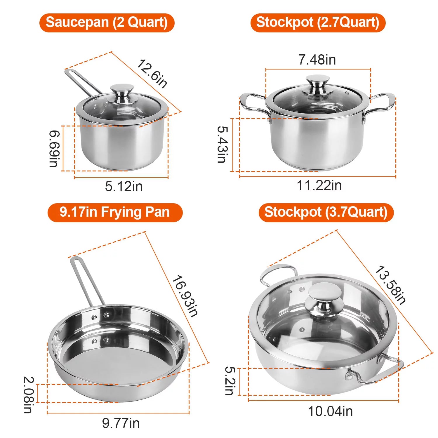 Stainless Steel Cookware Set with Stockpot, Saucepan, and Frying Pan D755813