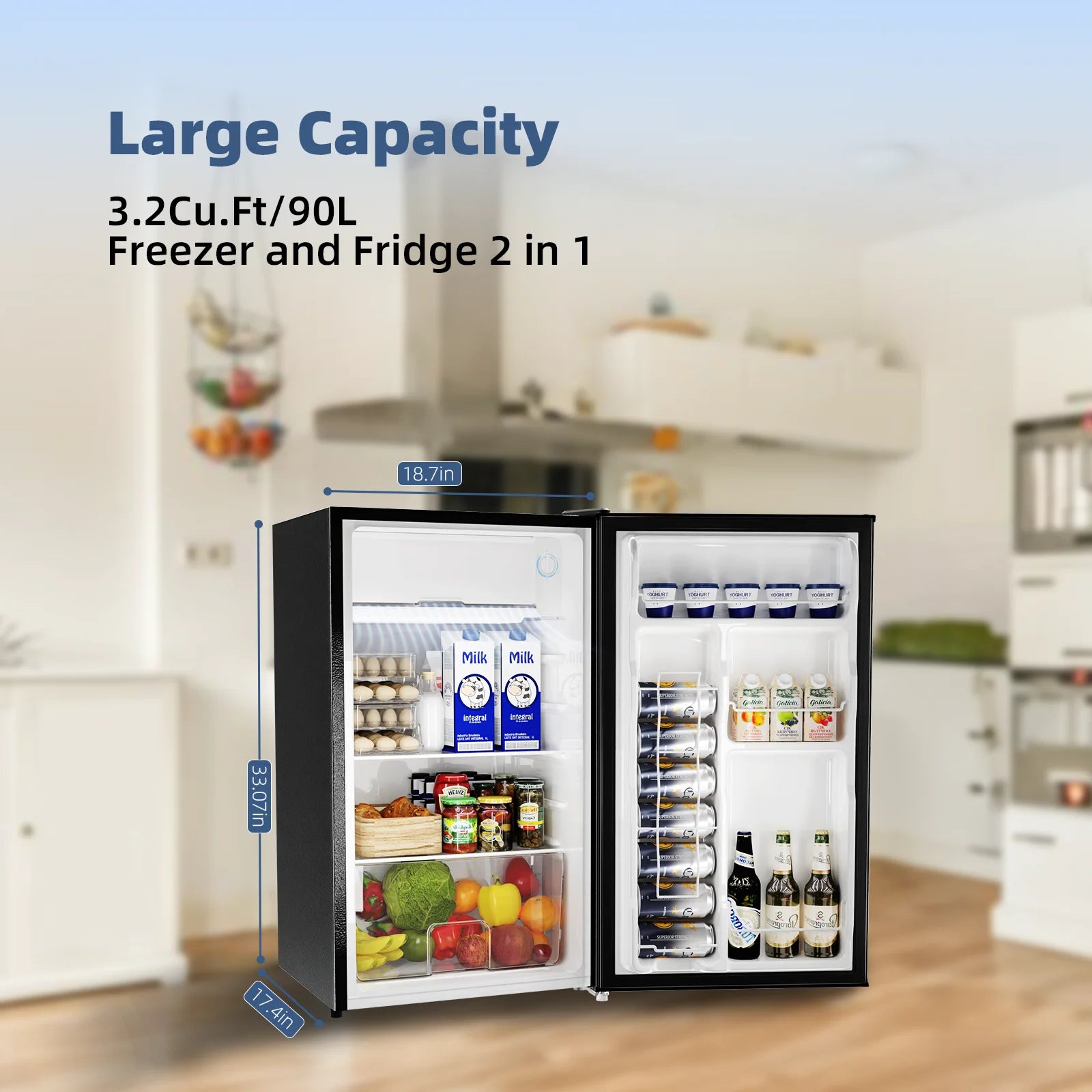 Mini Fridge 3.2 Cu Ft, Low Noise, Reversible Door for Bedroom Office Dorm, Black F923