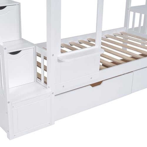 Twin Over Twin Bunk Bed with Stairs and Slide, Solid Wood Frame with Storage B8483