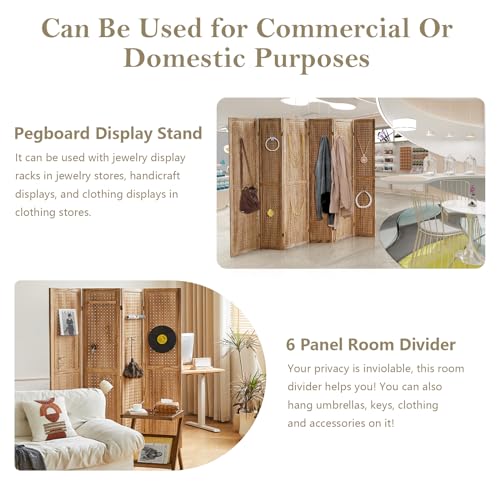Wooden Pegboard Room Divider with Folding Privacy Screen, 5.6Ft, Light Brown D937870