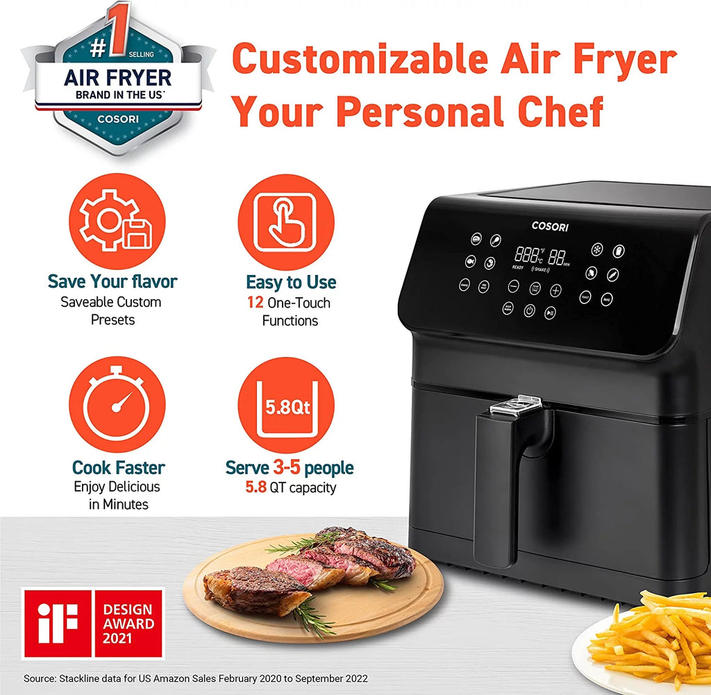 Air Fryer 5.8 QT, 12-in-1 Oven with Preheat and Keep Warm, Black F2438