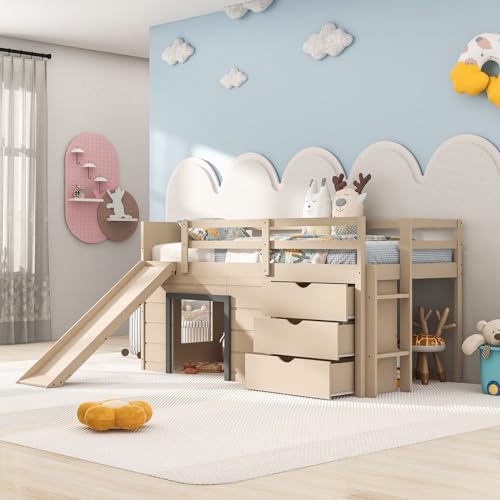 Twin Low Loft Bed with 3 Storage Drawers, Slide, Ladder & Guardrails I297242