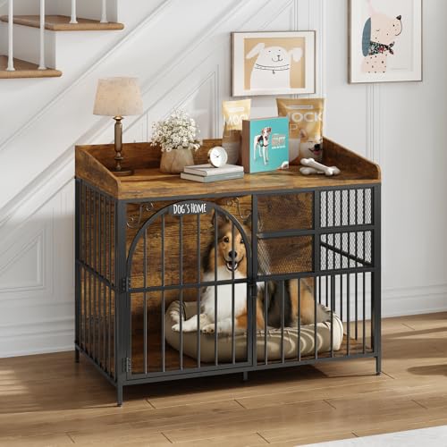 Large Dog Crate Furniture with Chew-Resistant Finish, Indoor Wooden Kennel with Storage N430