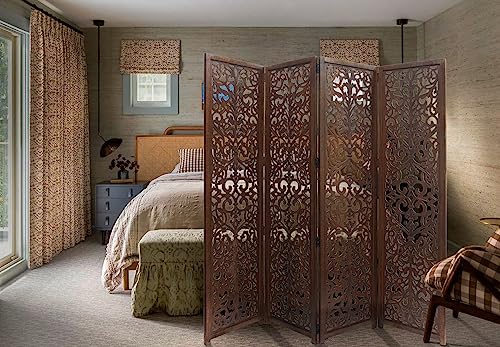 4 Panel Folding Wood Room Divider, Antique Brown, 72 x 80 P209