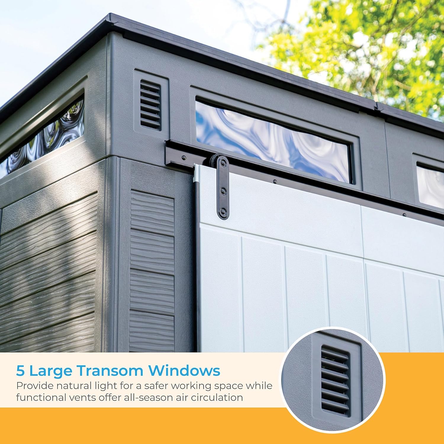 Outdoor Plastic Storage Shed 10x7 ft with Sliding Barn Door, Gray and Black E310