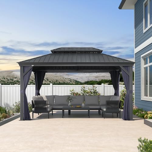 10' x 14' Permanent Hardtop Gazebo with Galvanized Steel Double Roof, Curtains and Netting Included M871