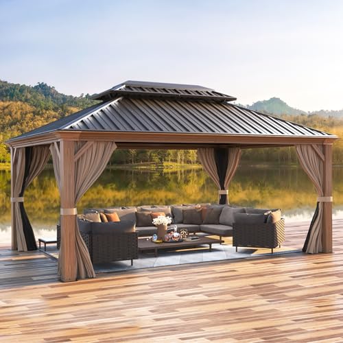 12x16 ft Hardtop Gazebo with Double Roof, Curtains and Netting T94173