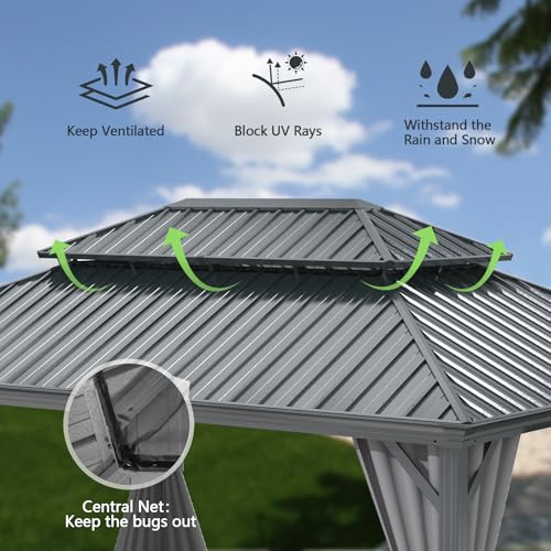 10 x 10 ft Hardtop Gazebo with Netting and Curtains, Galvanized Steel Roof for Patio K80436