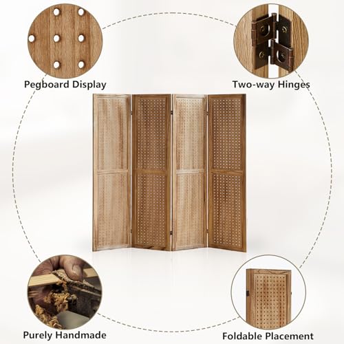 Wooden Pegboard Room Divider with Folding Privacy Screen, 5.6Ft, Light Brown D937870