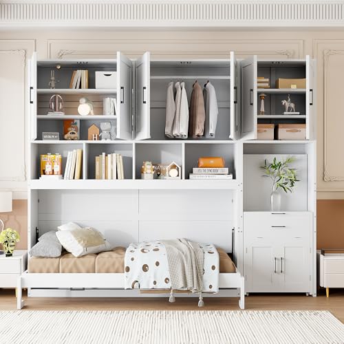 Twin Murphy Bed with Closet, Drawers & Desk, White Q211