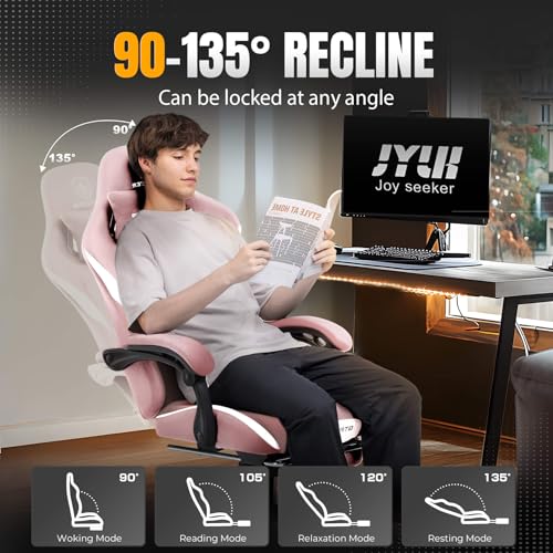 Gaming Chair Ergonomic Office Chair with Foot Rest, Breathable Fabric Computer Chair with Headrest and Lumbar Support O7023