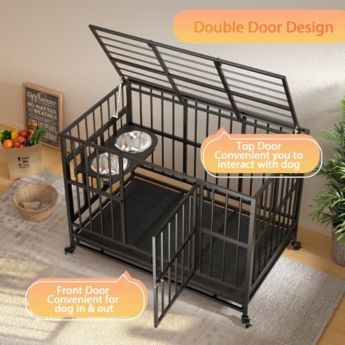 48" Heavy-Duty Dog Crate with Wheels, Air-Lift Top, Dual Adjustable Bowls V62929