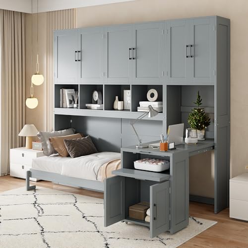 Twin Murphy Bed with Closet, Drawers & Desk, White Q211