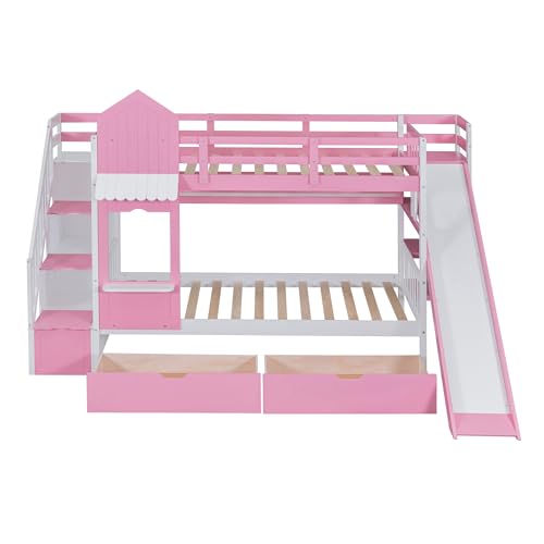 Kids Bunk Bed with Stairs and Slide, Twin Over Twin, Gray O540