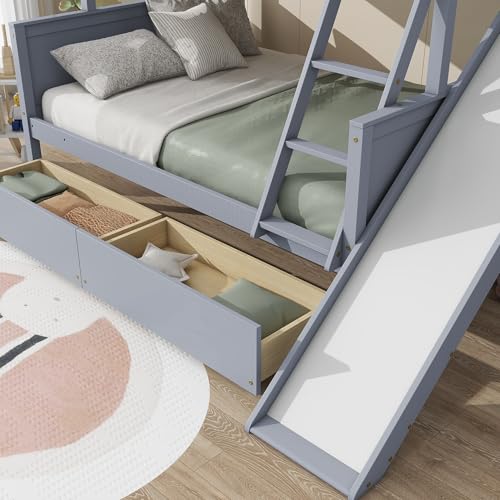 Twin Over Full Size Wooden Bunk Bed with Slide and Storage Stairs N394