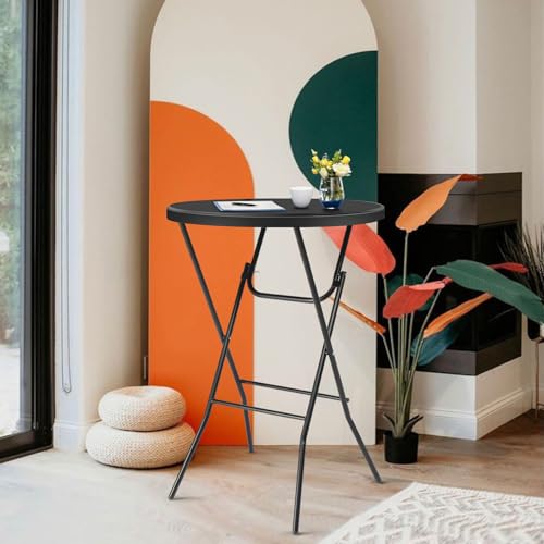 Folding Round Table Bar Height, HDPE with Gray Metal Finish, Black M940225
