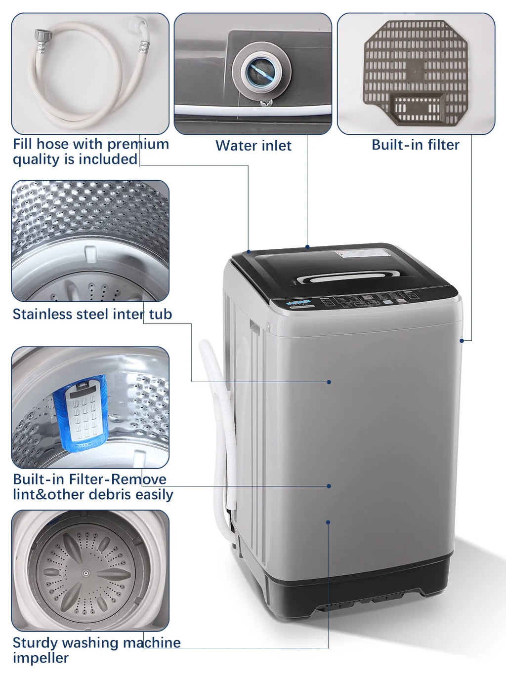 Portable Automatic Washing Machine with Drain Pipe, 17.7 lbs, 10 Programs, Grey F3499