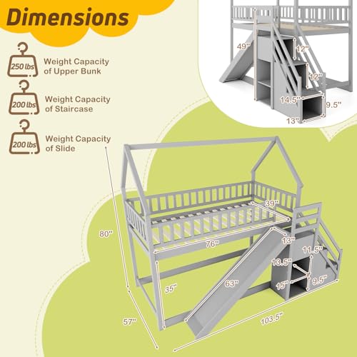 Twin Over Twin Bunk Bed with Slide & Stairs, Wood, White M692