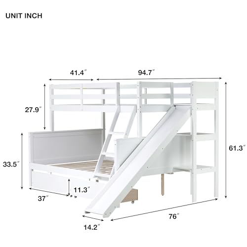 Twin Over Full Size Wooden Bunk Bed with Slide and Storage Stairs N394