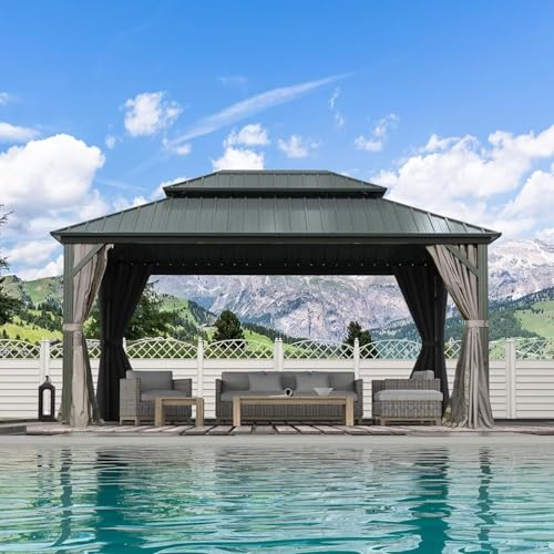 10 x 10 ft Hardtop Gazebo with Netting and Curtains, Galvanized Steel Roof for Patio K80436