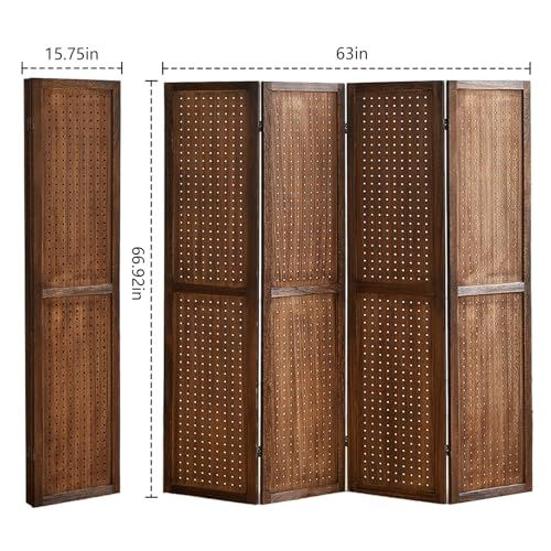 Wooden Pegboard Room Divider with Folding Privacy Screen, 5.6Ft, Light Brown D937870