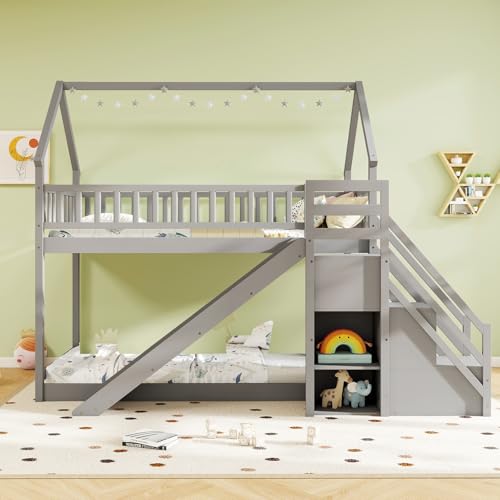 Twin Over Twin Bunk Bed with Slide & Stairs, Wood, White M692