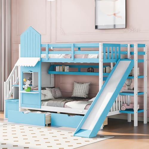 Kids Bunk Bed with Stairs and Slide, Twin Over Twin, Gray O540