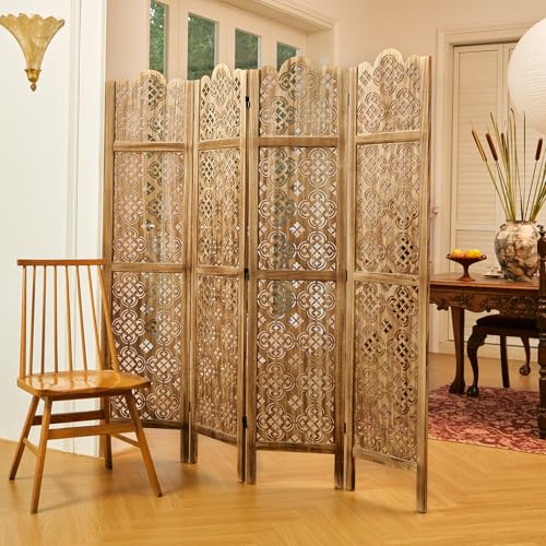 Wood Carved Room Divider 4 Panel Folding Partition Screen X503933
